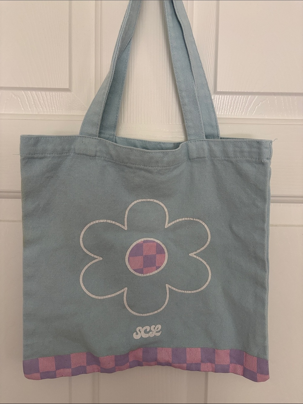 Stoney Clover Lane Blue Tote with Pink & Purple Checker Flower